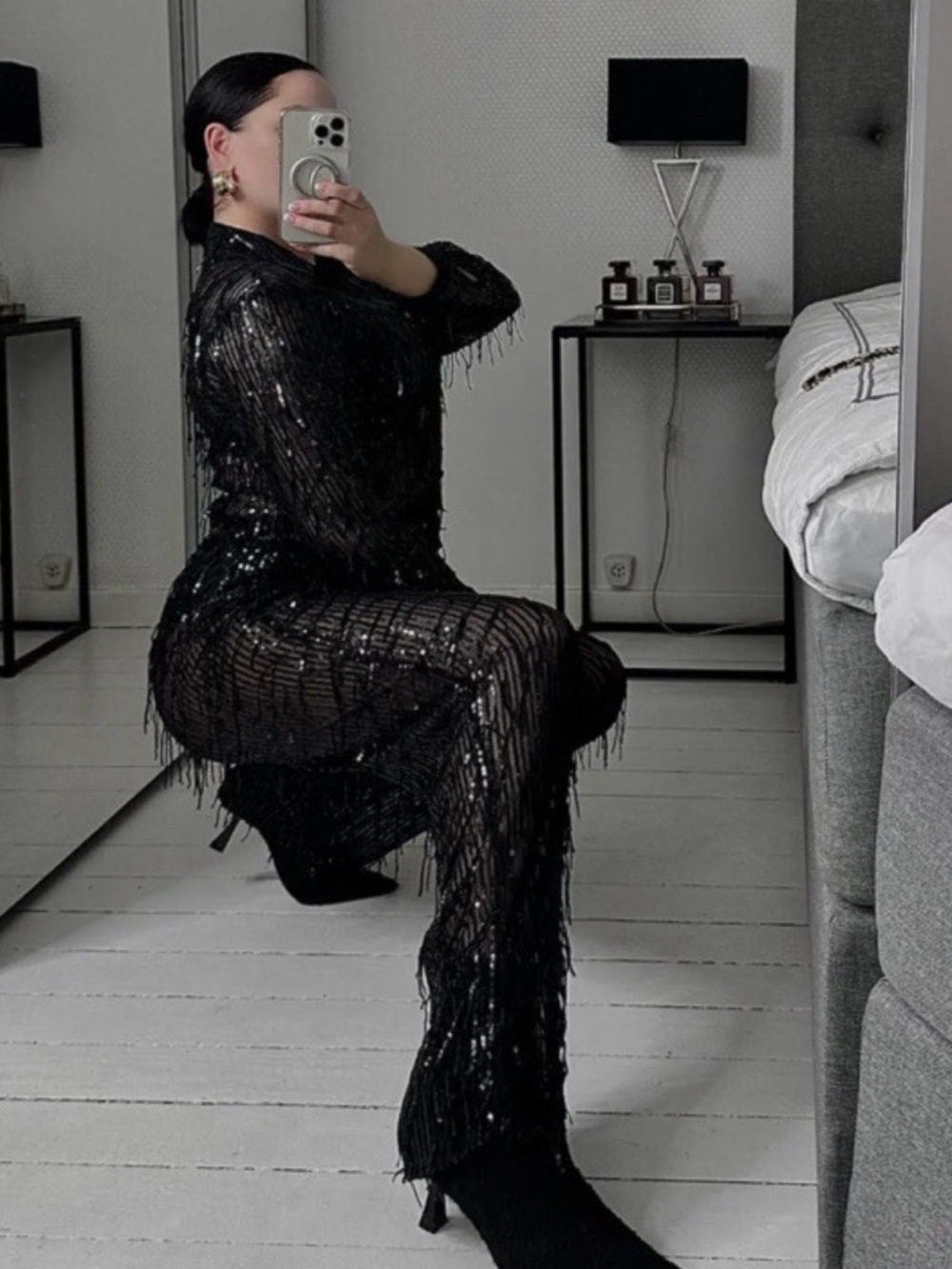 Zara Festive Collection Black Shirt With Sequin Fringe Details